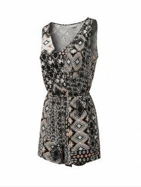 Vintage Sleeveless Printed Romper in Black & Cream with Blush Accents